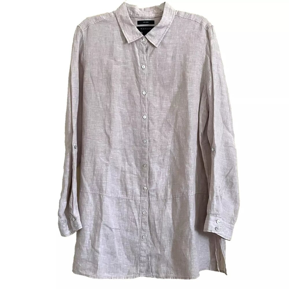 Tahari Linen Tunic Top Shirt Large Button Front Roll Tab Sleeve Neutral Capsule